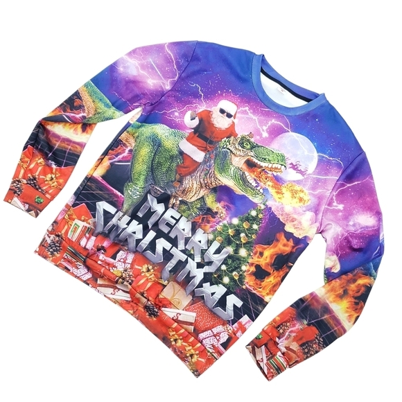 None Other - Merry Christmas Santa Riding Dinosaur T Rex Stretchy Sweatshirt Funny Men Large
